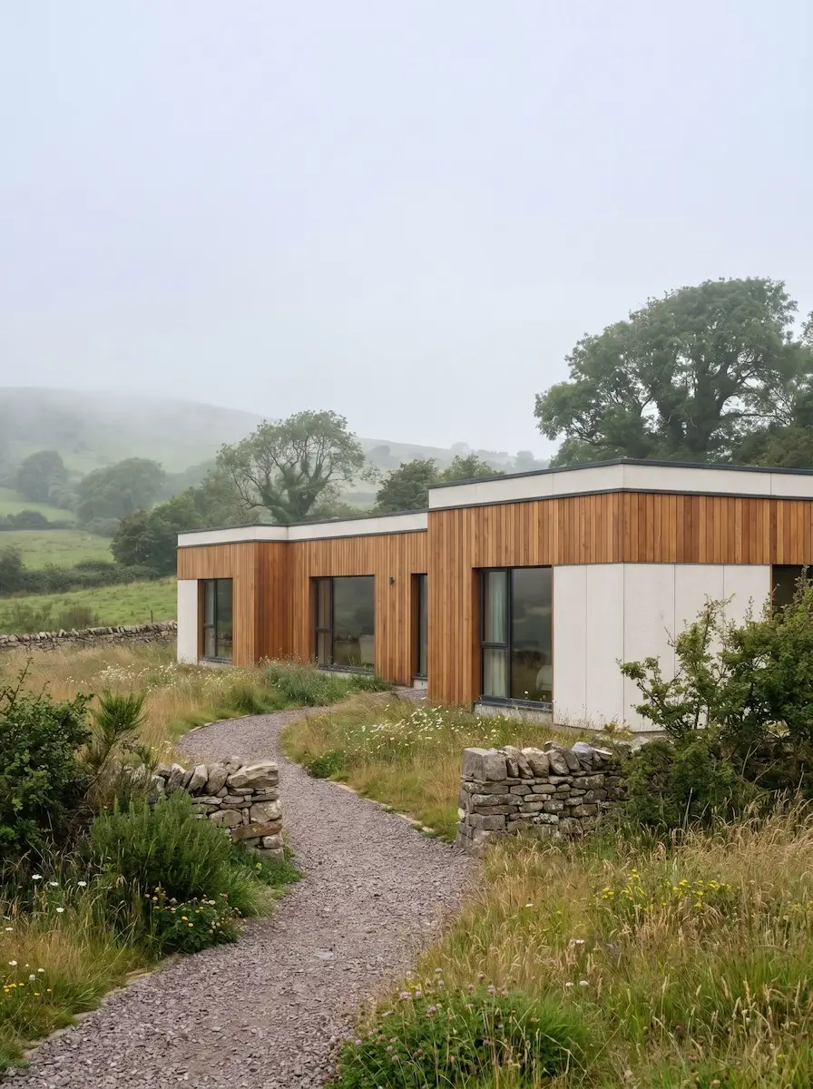 A modular AeroNest home settled into open rural Irish ground at dusk.