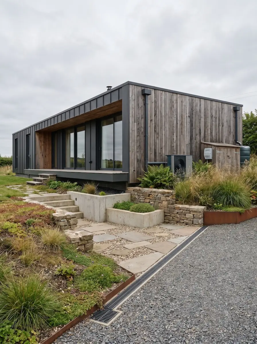 A modular home base detailed with considered drainage and ground-water logic.