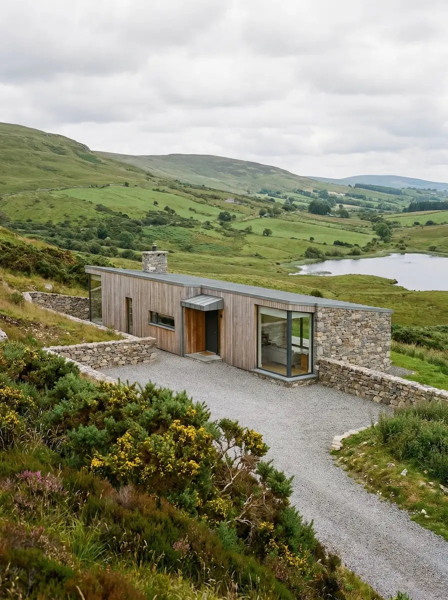 A modular home placed carefully into open rural ground, following the existing contours.