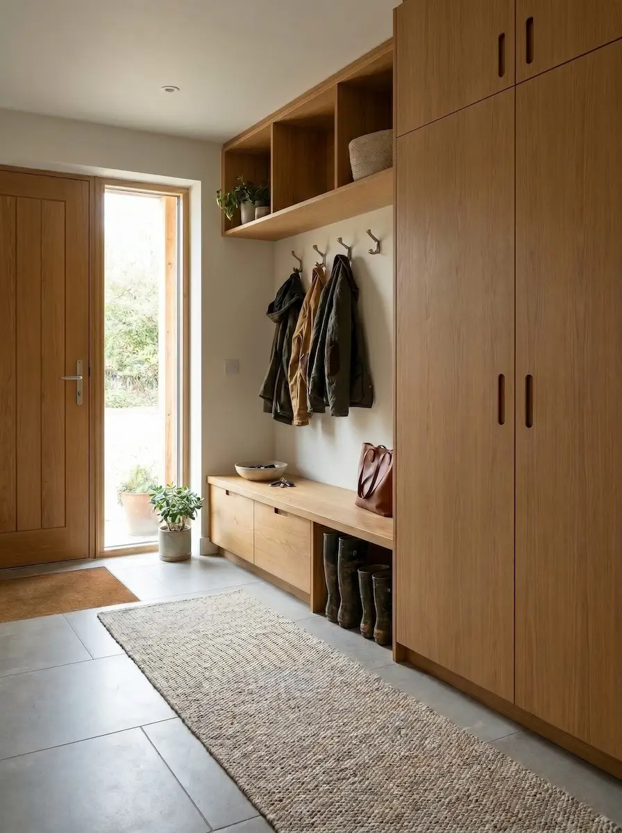 A modular home entrance with integrated storage and a settled threshold.