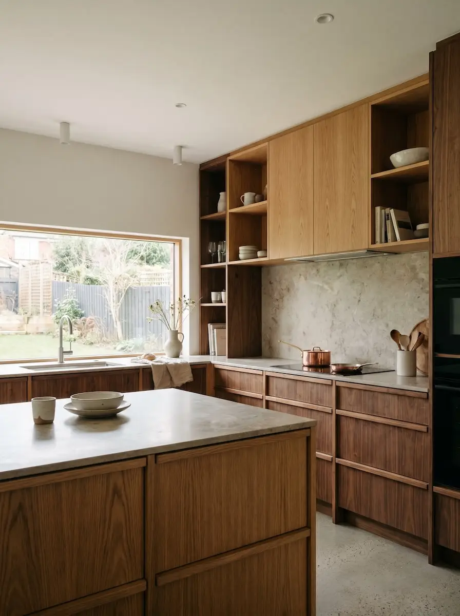 A minimalist rural kitchen with a single warm accent and durable surfaces.
