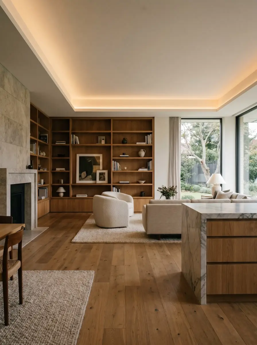 Warm modular home kitchen with pendant lighting and compact storage.
