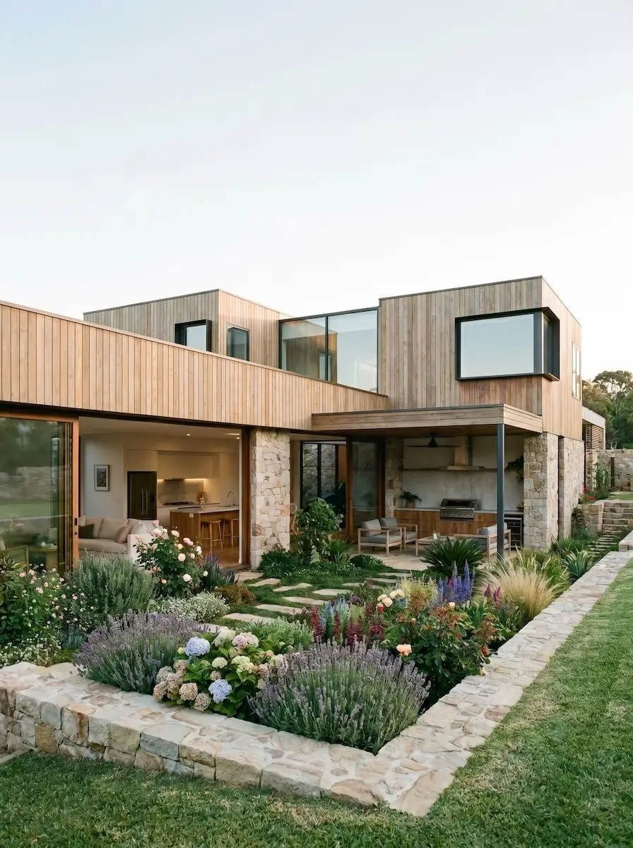 A family-scale, high-end modular home arranged for a larger plot.