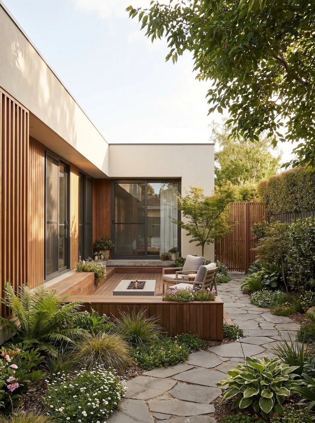 The Courtyard, a family-scale modular home arranged around a garden.