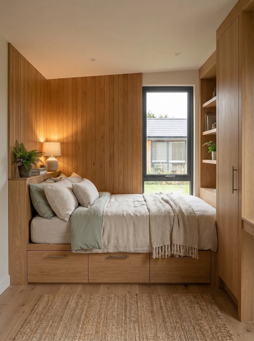 A calm Studio Nest bedroom with timber-lined surfaces and integrated storage.
