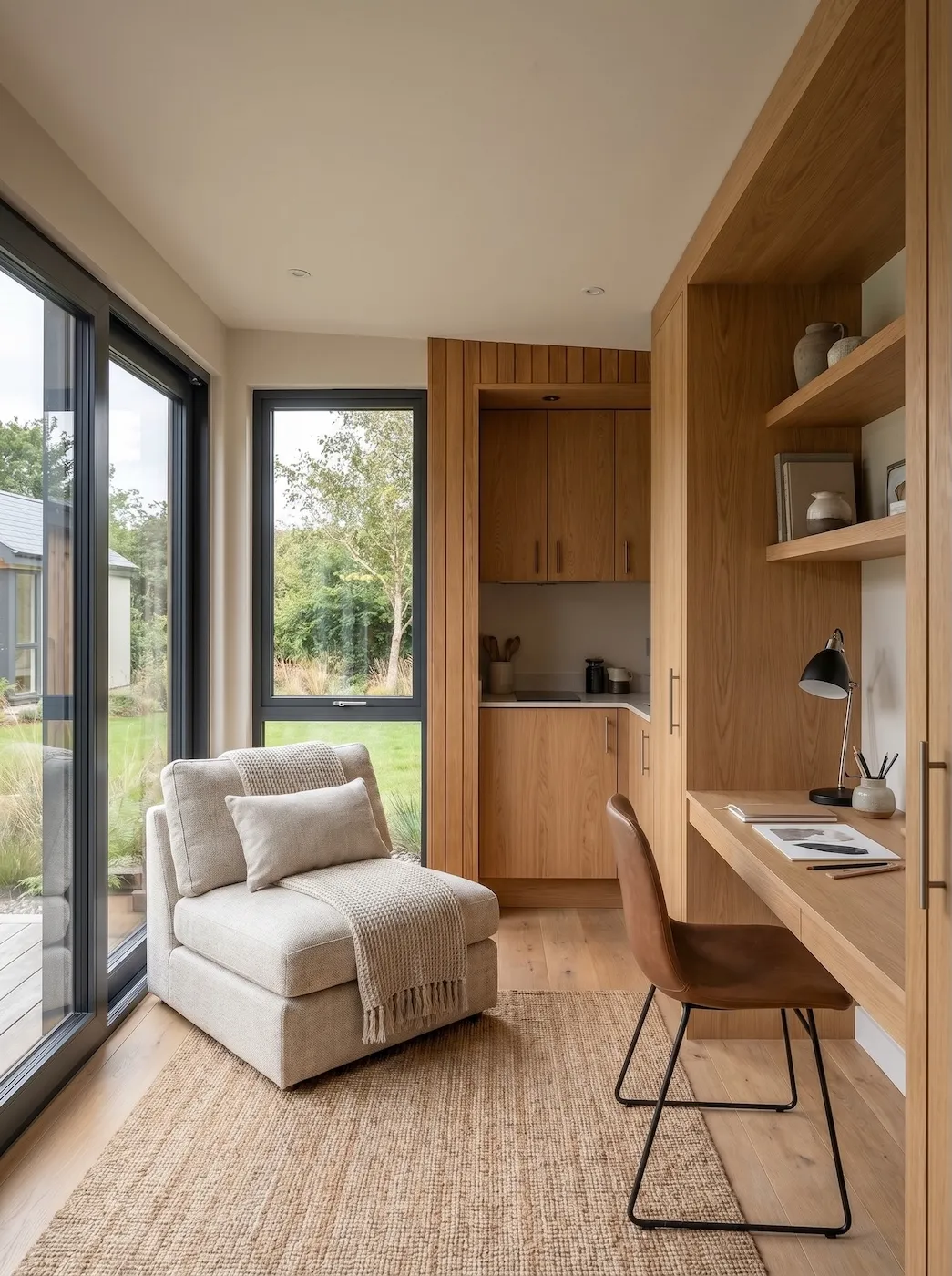 Daylight across the Studio Nest living room, looking toward the glazed elevation.