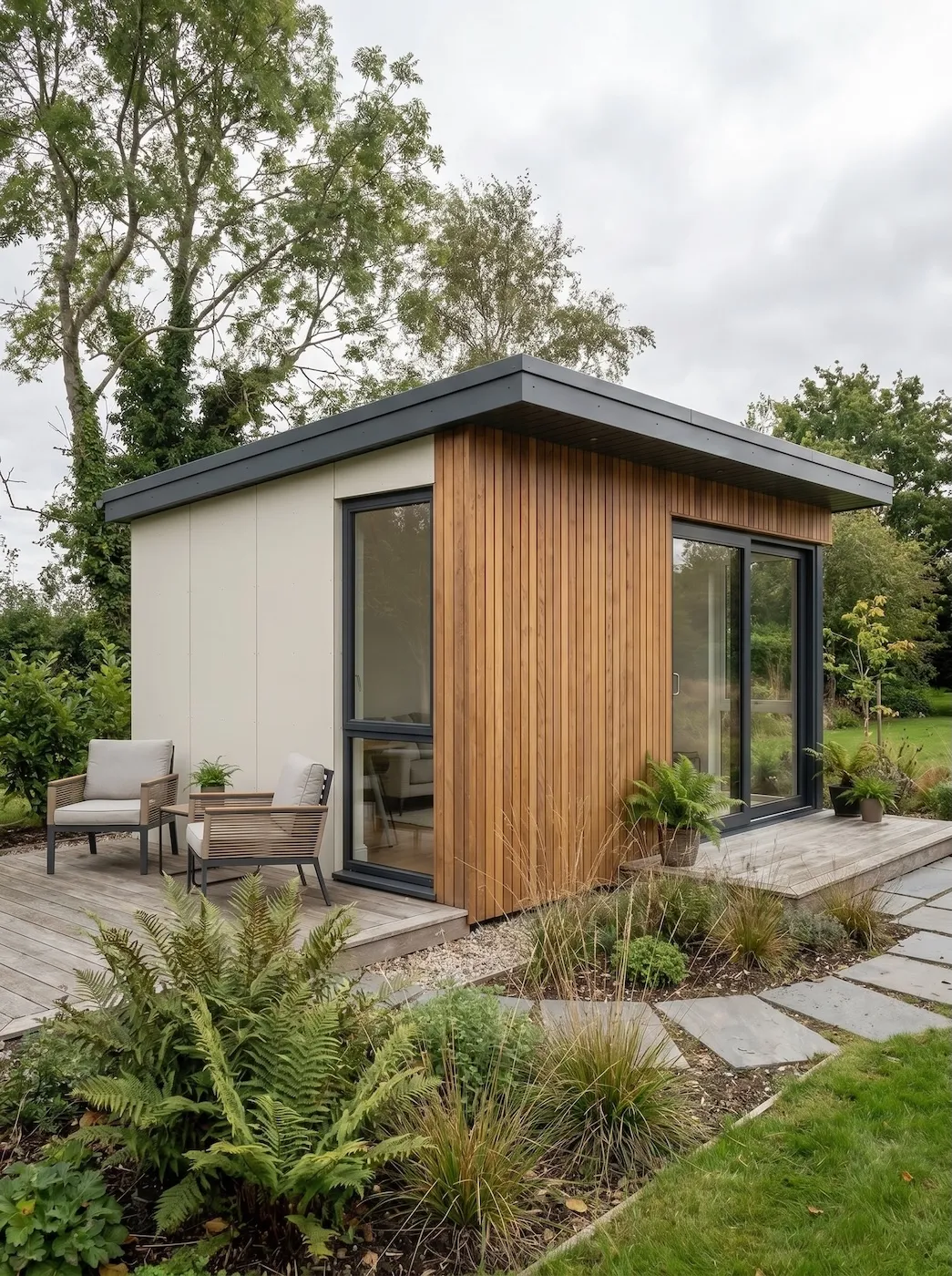 The Studio Nest, viewed across an Irish garden boundary.